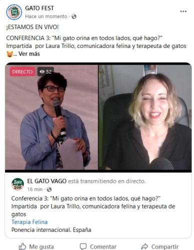 Laura Trillo de Terapia Felina da conferencia internacional sobre el problema de eliminación de los gatos en el Gatofest de México, 4 de Agosto de 2024 - foto con Jeanine Hasselkus